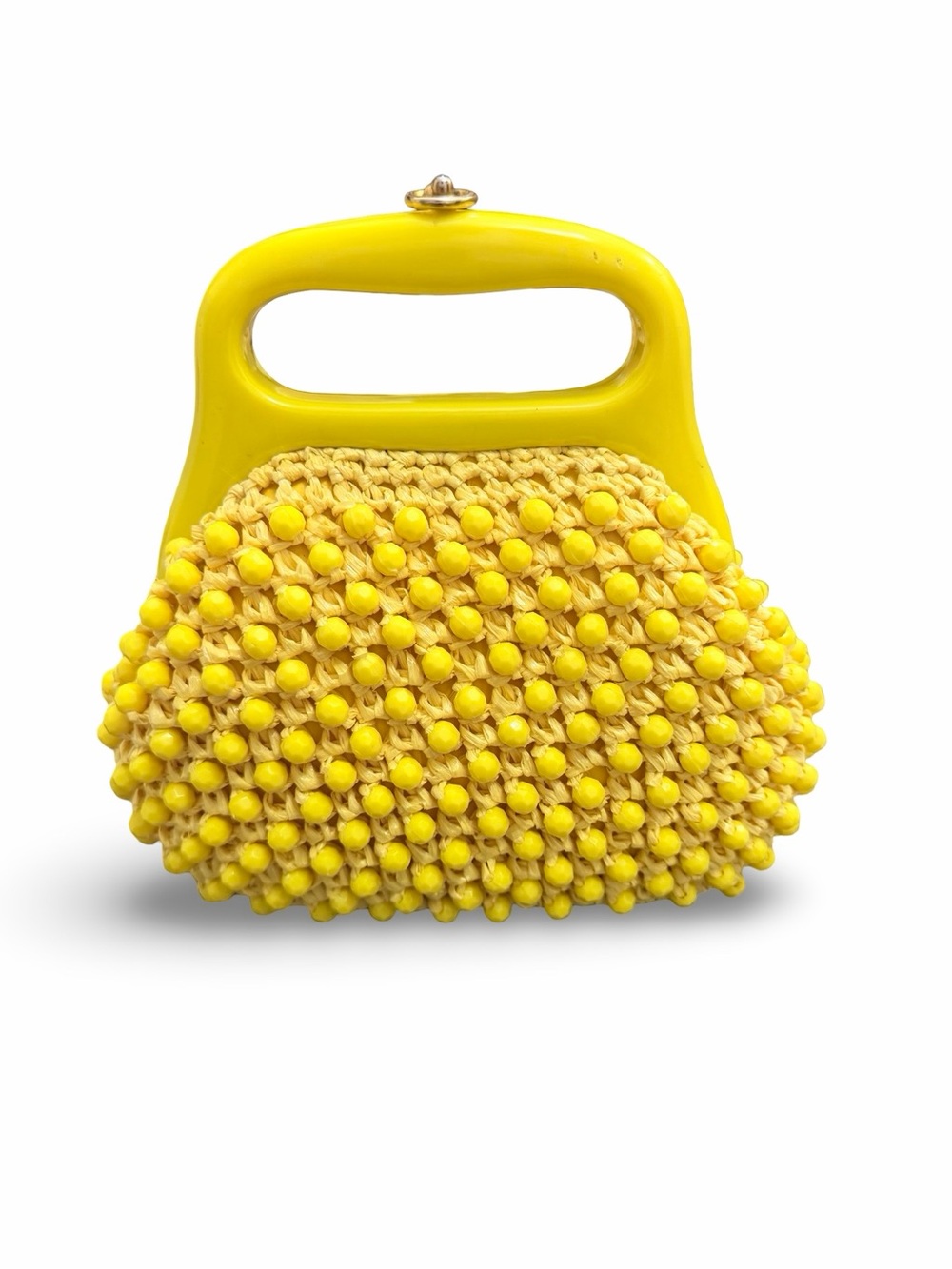 Vintage 1960s Mod Yellow Beaded Raffia Handbag – Retro Crochet Purse